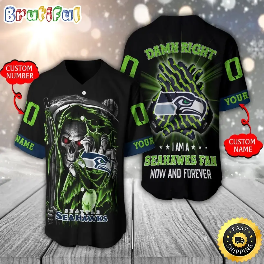 Personalized NFL Seattle Seahawks Baseball Jersey Skull Damn Right Image