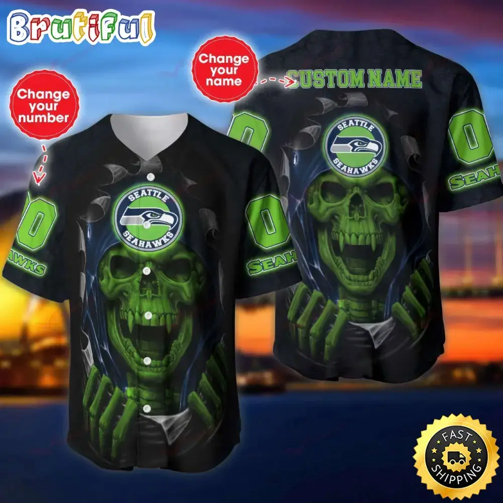 Personalized NFL Seattle Seahawks Baseball Jersey Vampire Skull Image