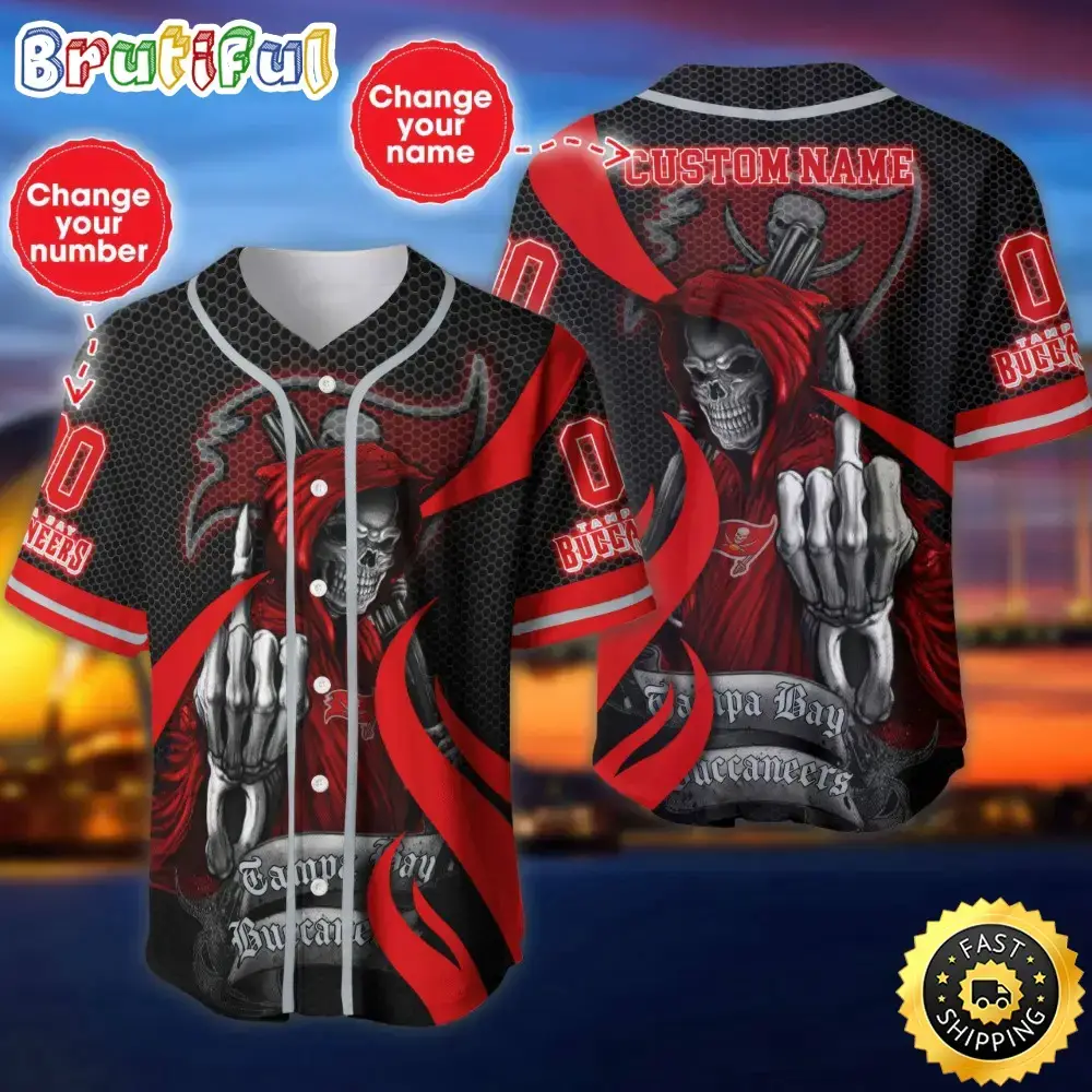 Personalized NFL Tampa Bay Buccaneers Baseball Jersey Shirt The Reaper Art Skull Image