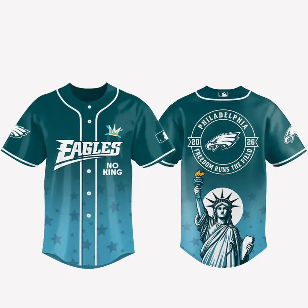 Philadelphia Eagles 2026 No Kings Freedom Runs The Field Baseball Jersey Image