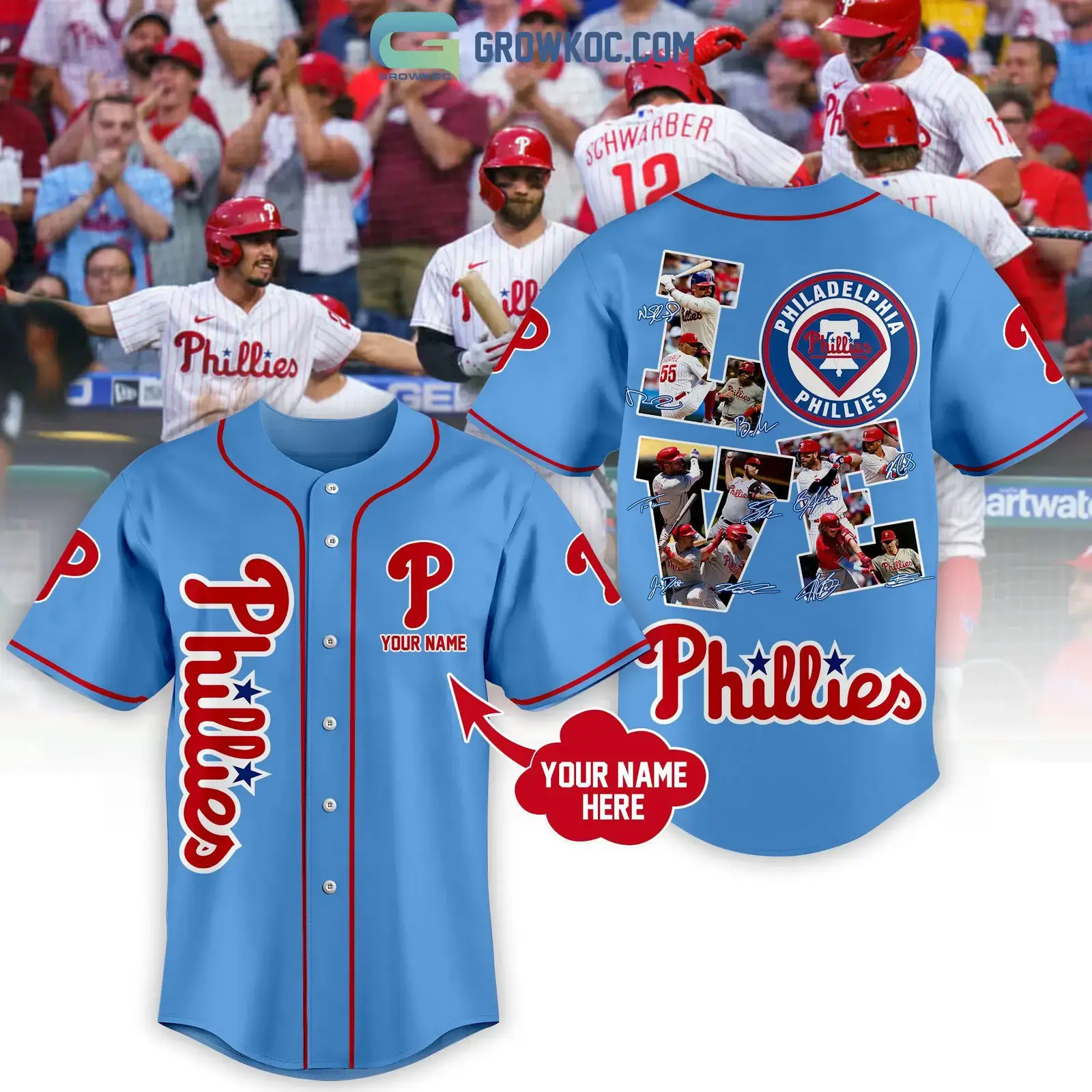 Philadelphia Phillies Love Team Light Blue Design Personalized Baseball Jersey Image
