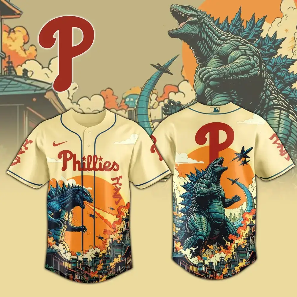 Philadelphia Phillies Mlb X Godzilla Attack Custom Baseball Jersey Image