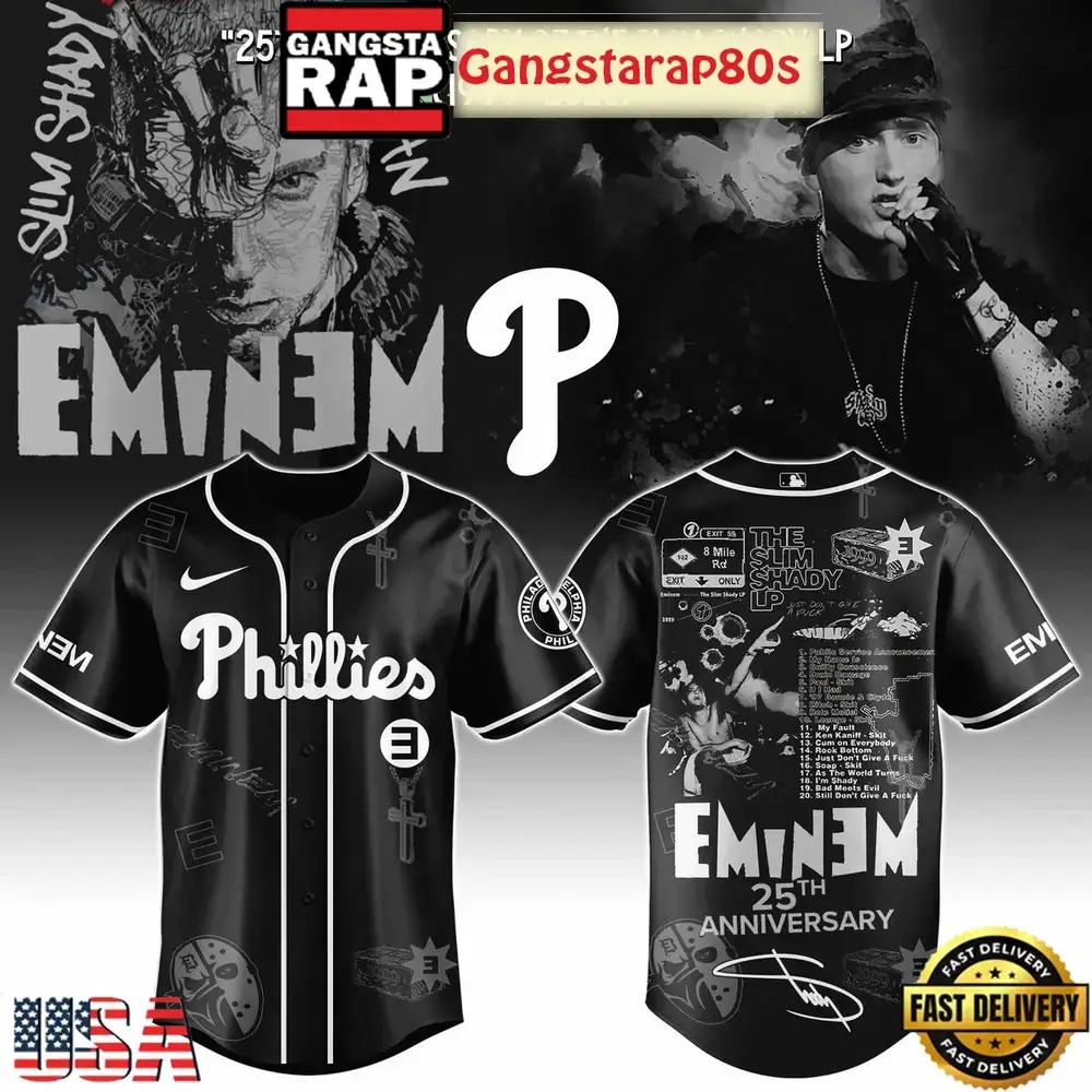 Philadelphia Phillies x Eminem 25th Anniversary Of The Slim Shady LP 2025 Baseball Jersey Image