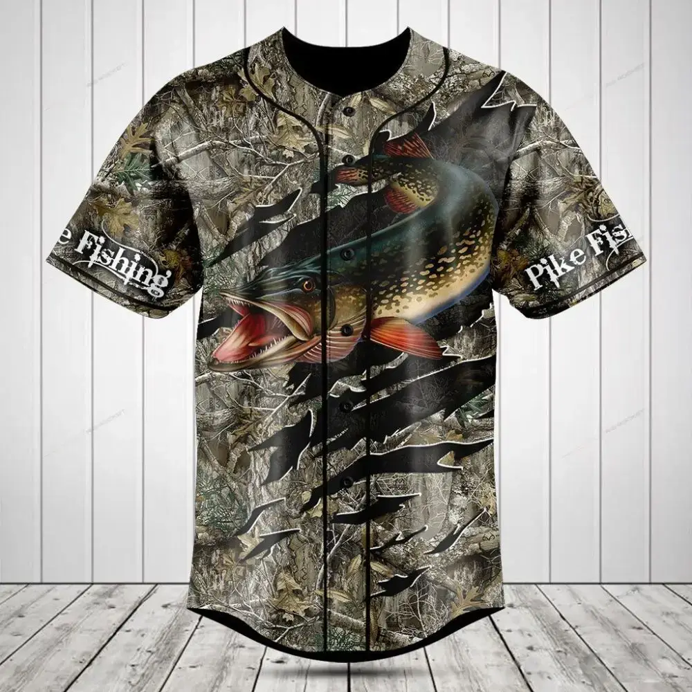 Pike Fishing Camo Baseball Jersey - Men'S Outdoor Sportswear Gift Image