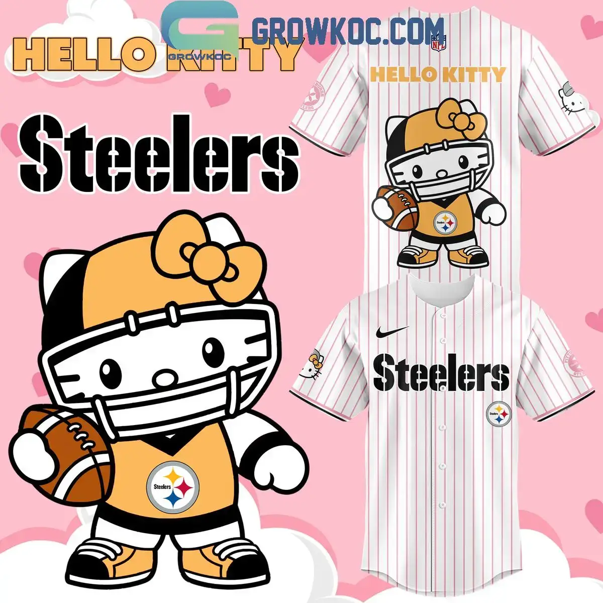 Pittsburgh Steelers Hello Kitty Celebrating 50th Anniversary Baseball Jersey Image