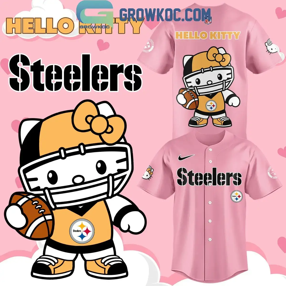 Pittsburgh Steelers Hello Kitty In Pink Love Baseball Jersey Image