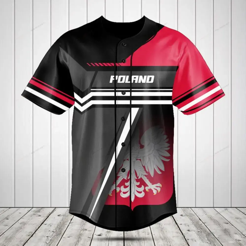 Poland Pride Baseball Jersey - Stylish Eagle Design, Red & Black, Unisex Comfort Fit Image