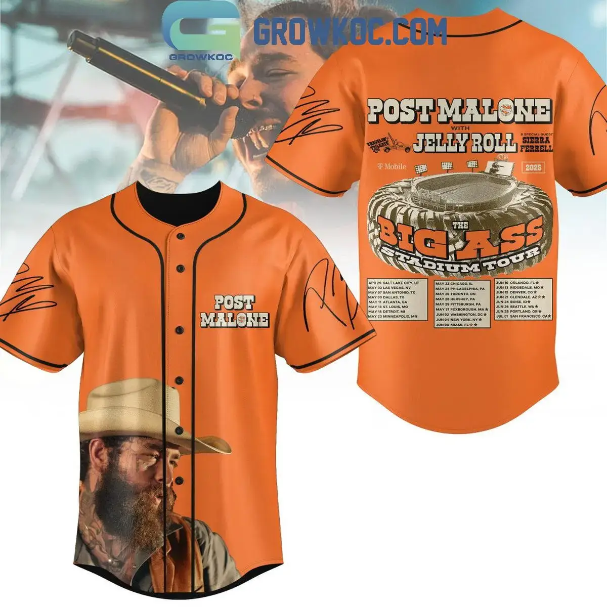 Post Malone Big Ass Stadium Tour 2025 With Jelly Roll Personalized Baseball Jersey Image