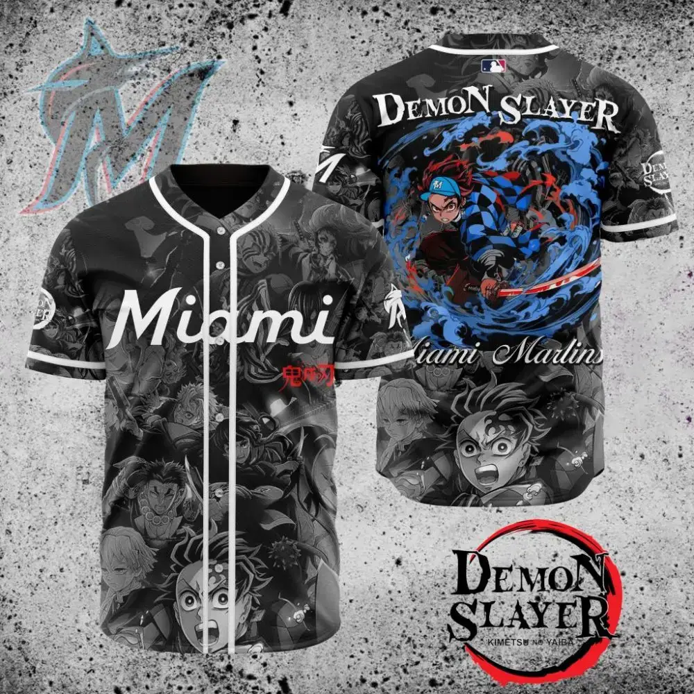 Premium Mlb Miami Marlins X Demon Slayer Custom Baseball Jersey Image