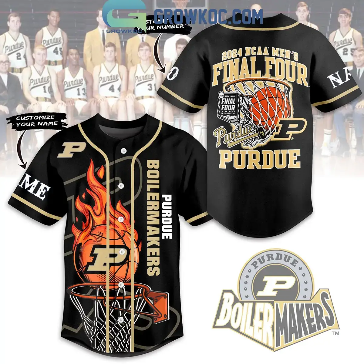 Purdue Boilermakers 2024 MCAA Men's Final Four Personalized Baseball Jersey Image