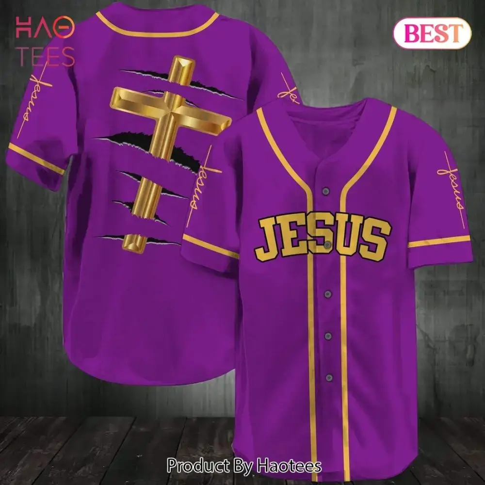 Purple Jesus Baseball Jersey With Gold Cross Design – Christian Apparel By Haotees Image