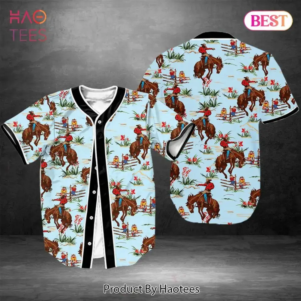 Retro Cowboy Print Baseball Jersey Shirt - Vintage Western Style Top For Men Image