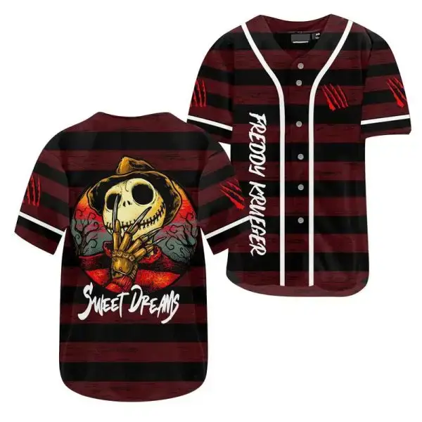 Retro Horror Baseball Jersey - Freddy Inspired Skull Design, Perfect For Halloween Image
