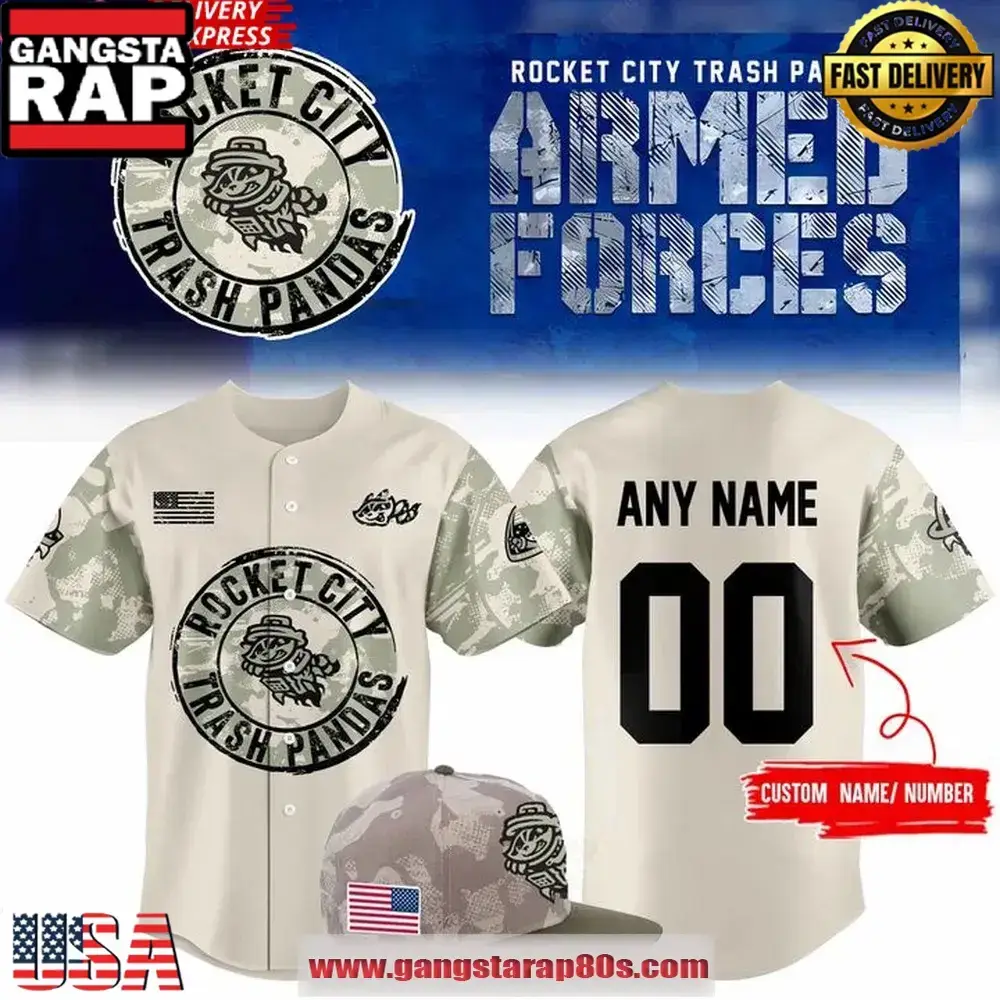 Rocket City Trash Pandas 2025 Armed Forces Custom Name Number Baseball Jersey Image
