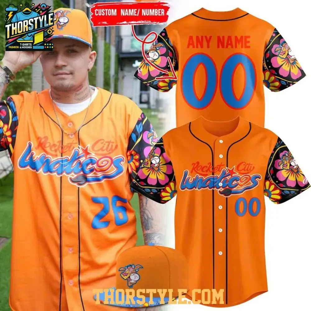 Rocket City Trash Pandas Rawlings Orange Lunaticos 2026 Baseball Jersey Image