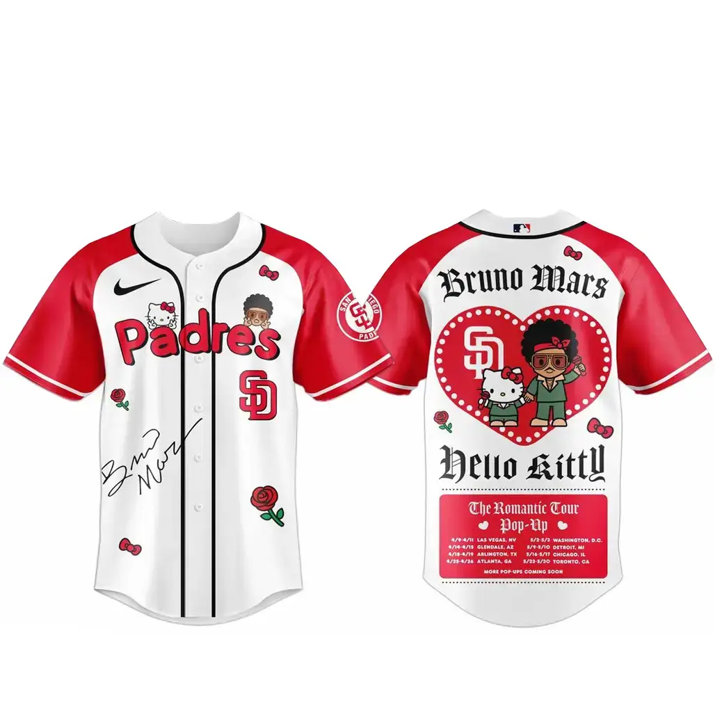 San Diego Padres Bruno Mars x Hello Kitty 2026 The Romantic Tour Baseball Jersey Image