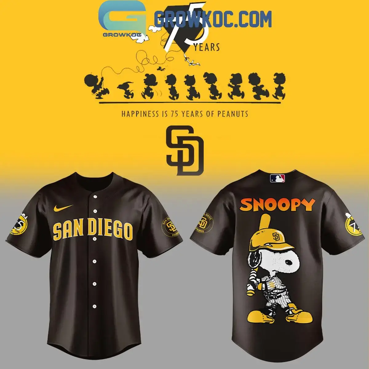 San Diego Padres Happiness Is 75 Years Of Peanuts Baseball Jersey Image