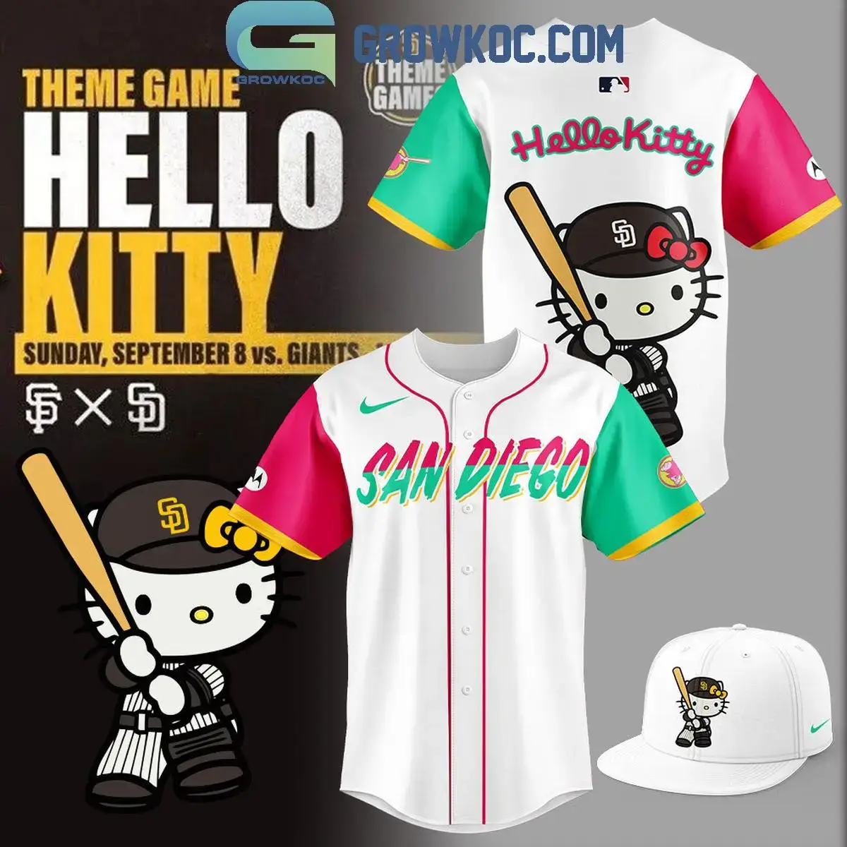 San Diego Padres Hello Kitty Playing MLB Baseball Jersey Image