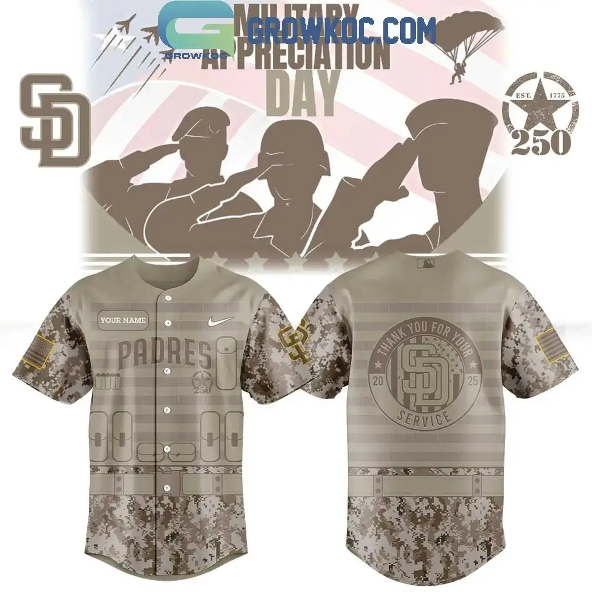 San Diego Padres Military Appreciation 250th Anniversary 2025 Jersey Image