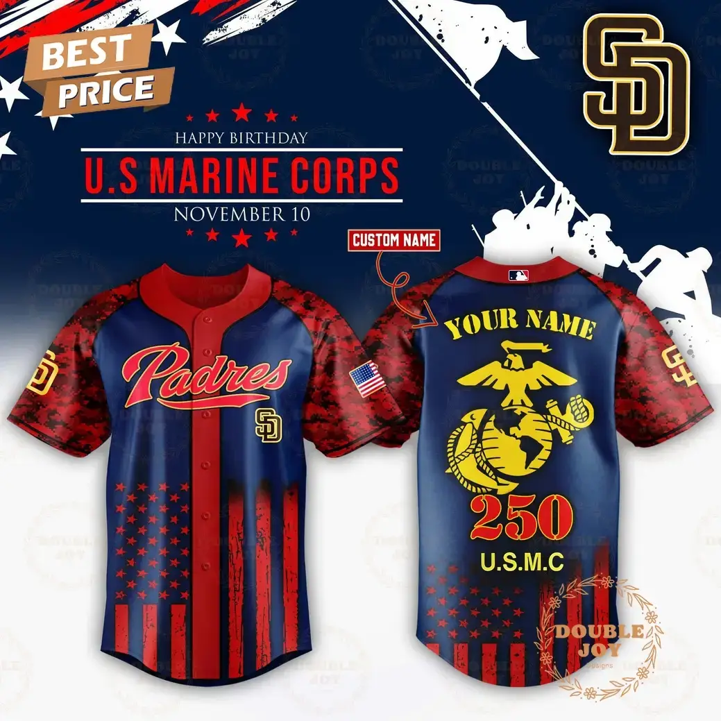 San Diego Padres x 250th Happy Birthday USMC Custom Name Baseball Jersey Image