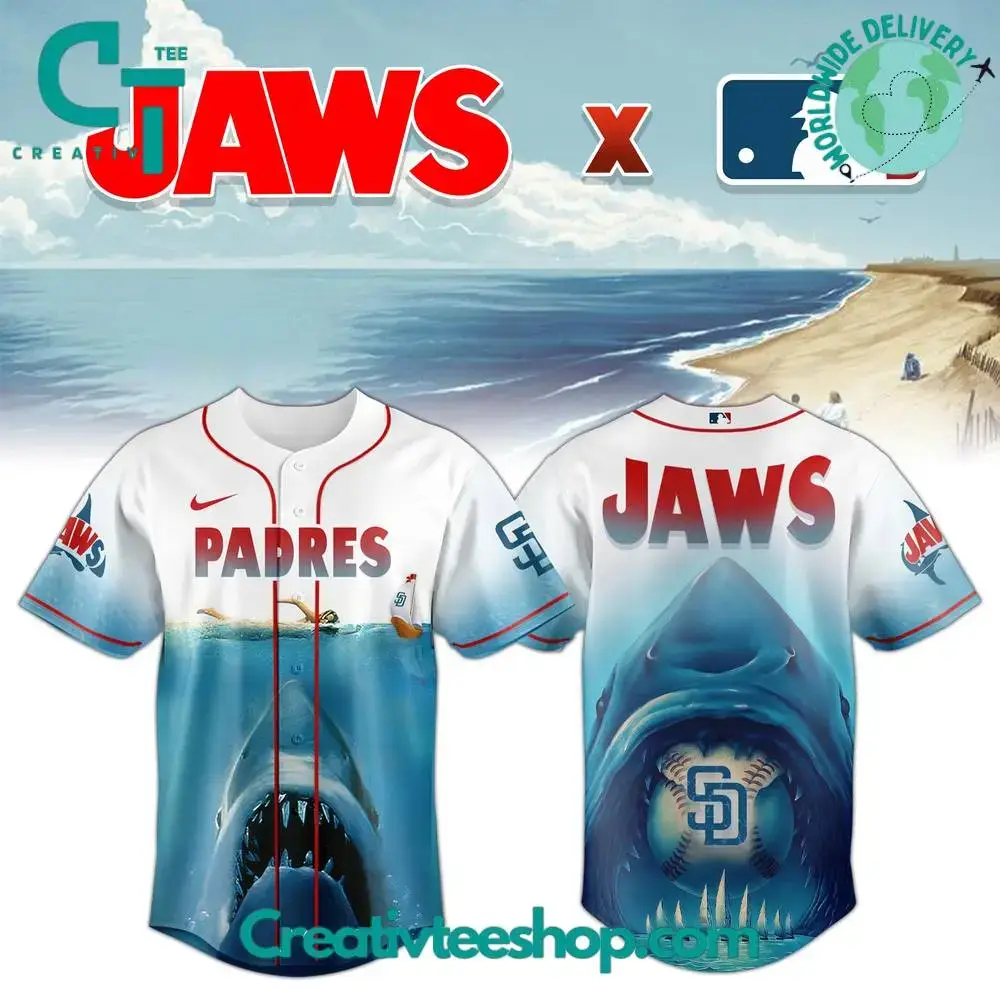 San Diego Padres X Jaws Movie 50Th Anniversary Special Baseball Jersey Image