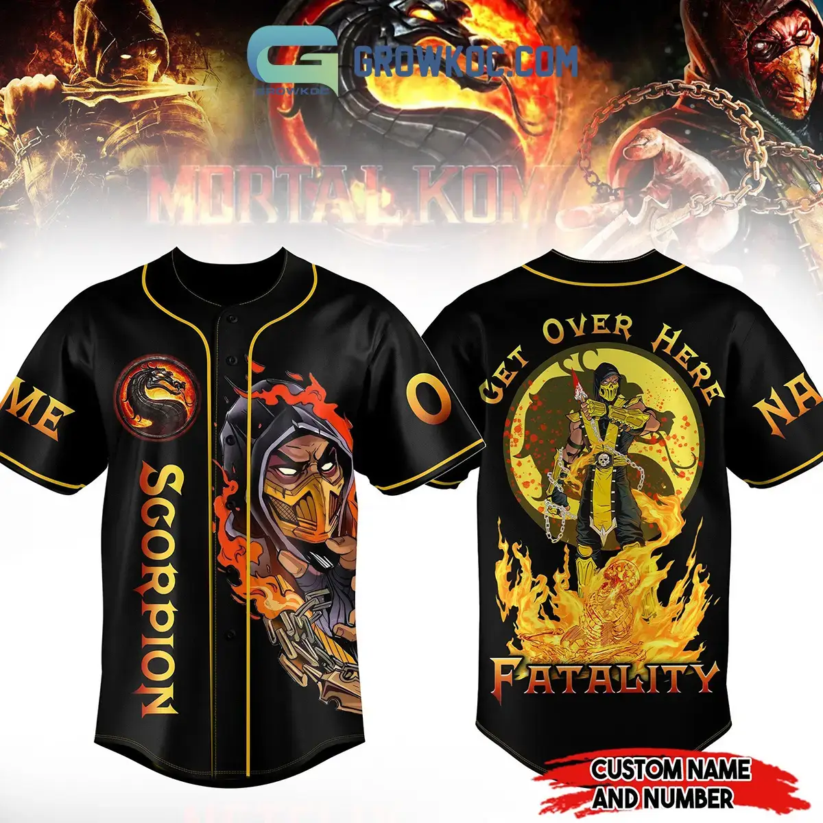 Scorpion Mortal Kombat Get Over Here Fatality Personalized Baseball Jersey Image