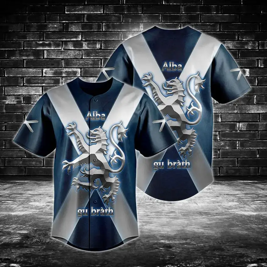 Scottish Pride Baseball Jersey - Alba Gu Brath Lion Design, Stylish Blue & White Apparel Image