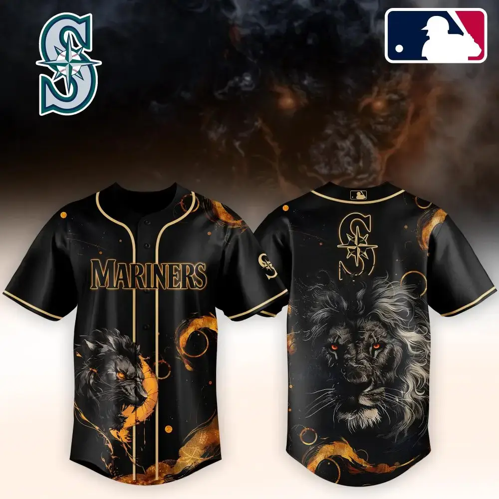 Seattle Mariners Lion Graphic Jersey - Bold Black & Gold Design For Fans Image