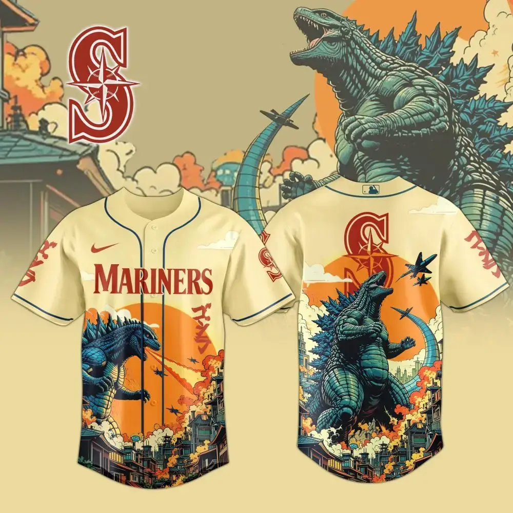 Seattle Mariners Mlb X Godzilla Attack Custom Baseball Jersey Image