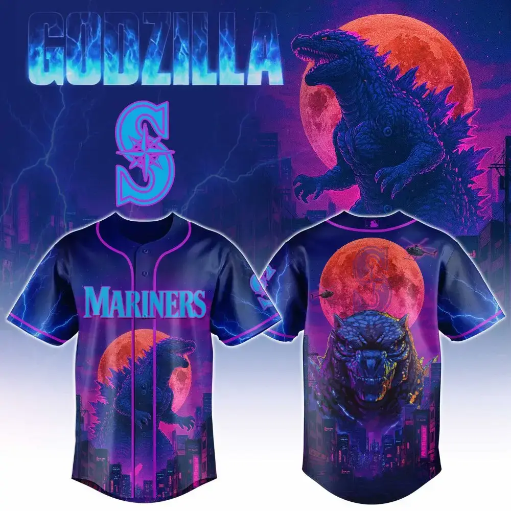 Seattle Mariners Mlb X Godzilla Neon City Custom Baseball Jersey Image