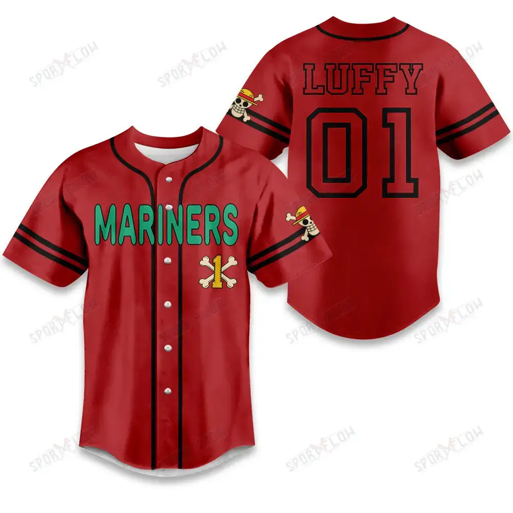 Seattle Mariners X One Piece Yellow Straw Hat Skull On Red Baseball Jersey Image