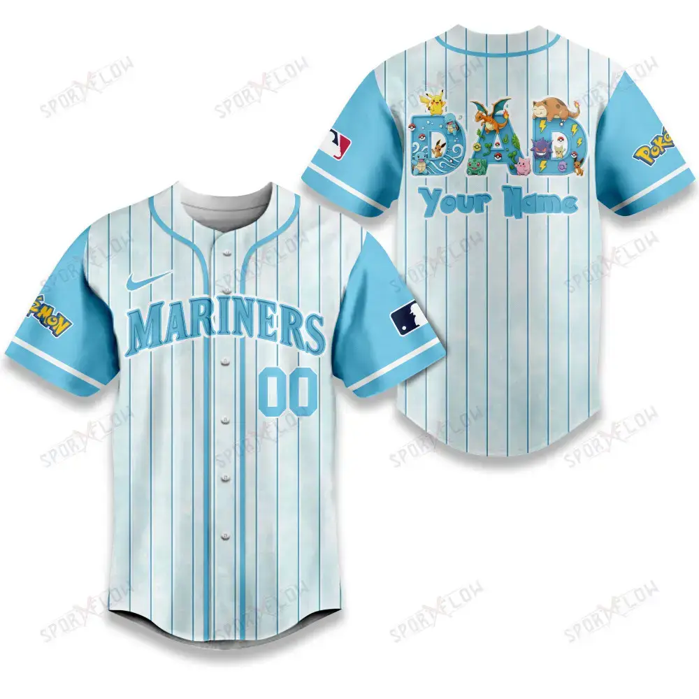 Seattle Mariners X Pokemon Dad Pastel Blue Baseball Jersey Image