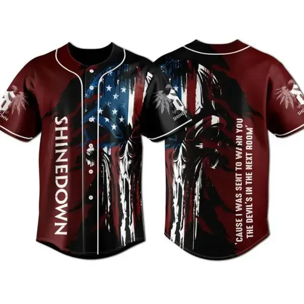 Shinedown Baseball Jersey - American Flag Skull Design, Unisex Rock Apparel Image