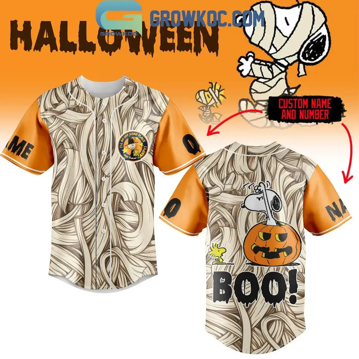 Snoopy Boo I'll Go Off Some Place And Get Candy Personalized Baseball Jersey Image