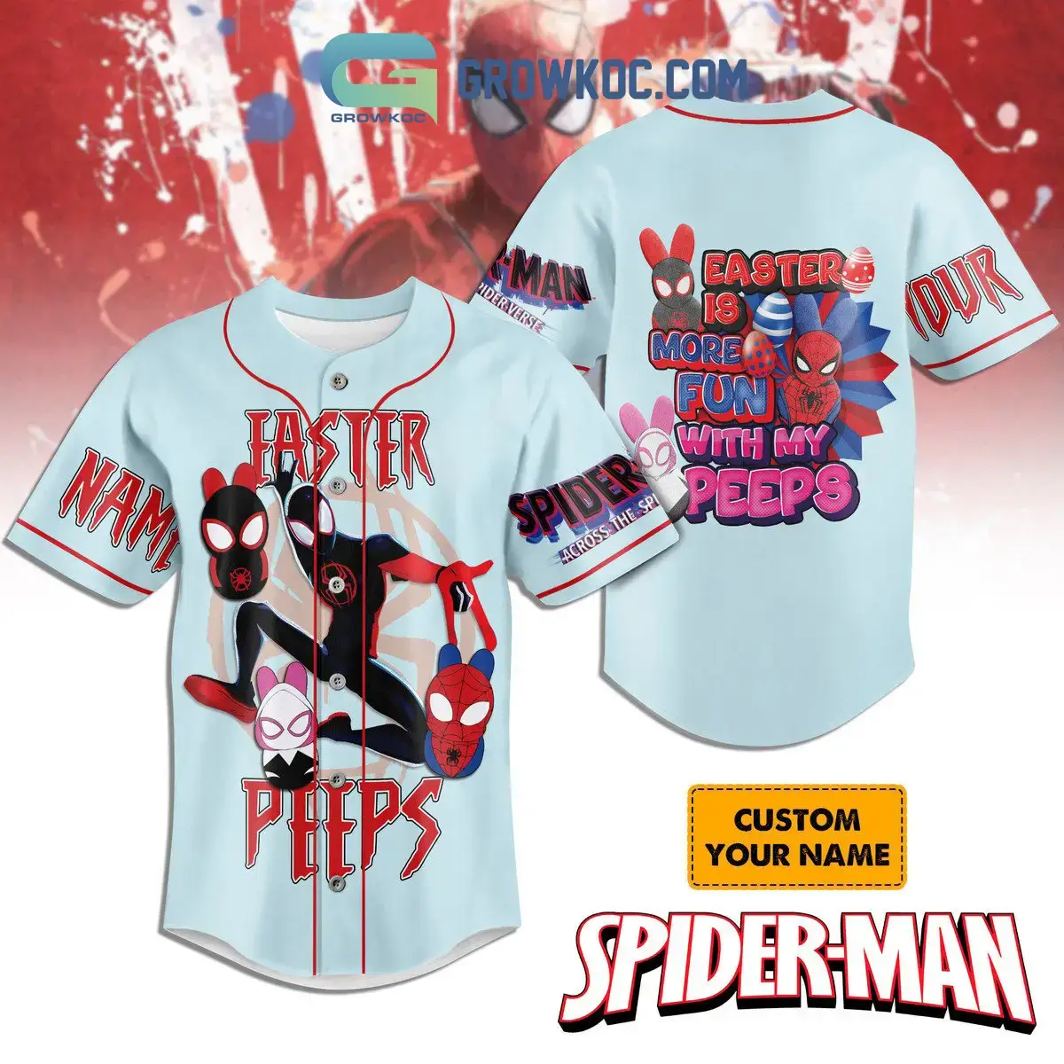 Spider Man Easter Is More Fun With My Peeps Blue Personalized Baseball Jersey Image