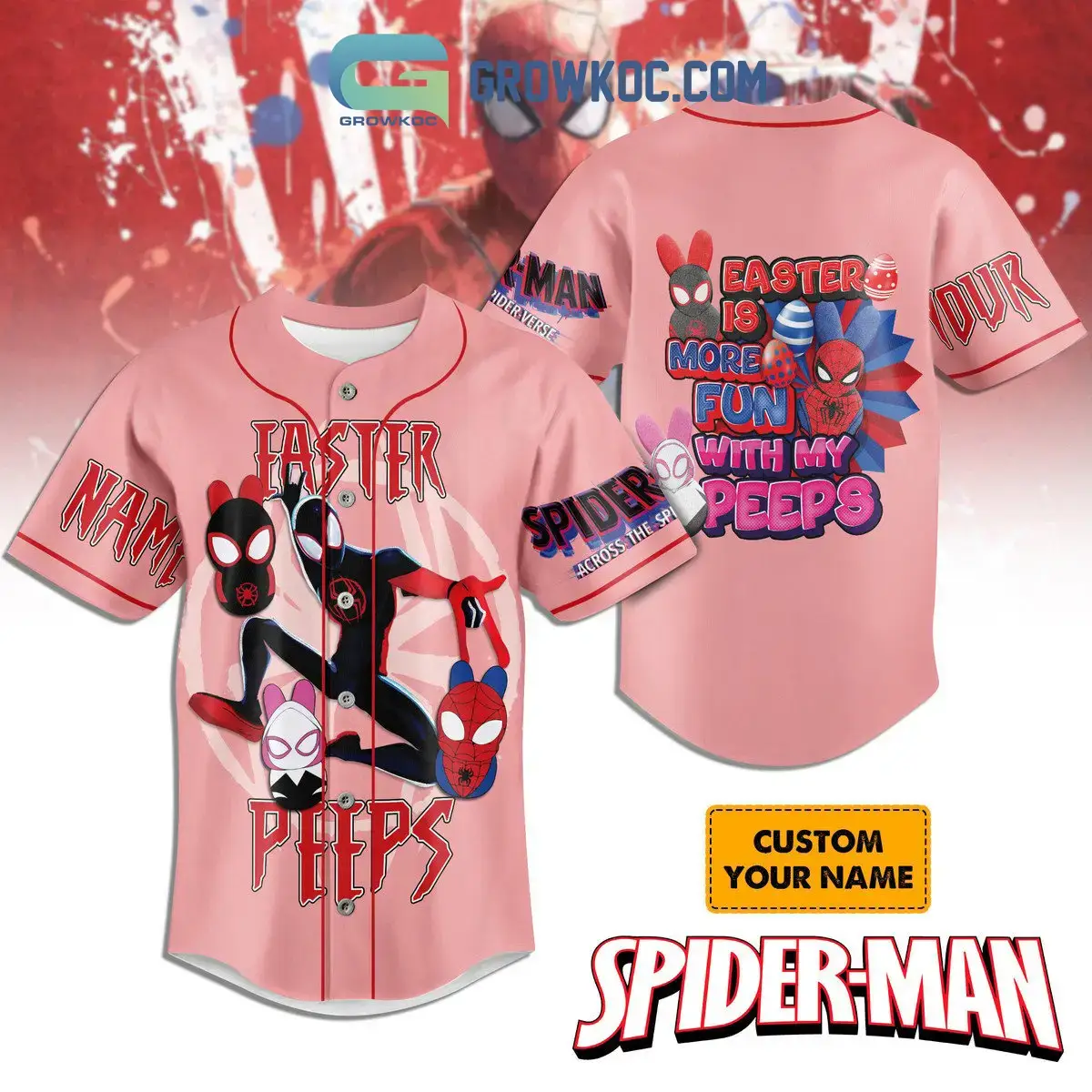 Spider Man Easter Is More Fun With My Peeps Pink Personalized Baseball Jersey Image