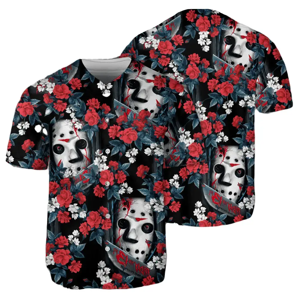 Spooky Floral Horror Mask Halloween Baseball Jersey – Unique Fan Shirt Image