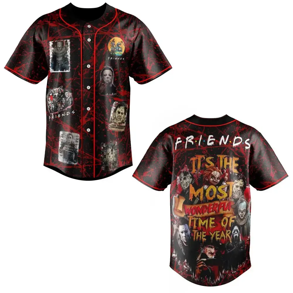 Spooky Friends Horror Baseball Jersey – Unique Halloween Graphic Shirt Image