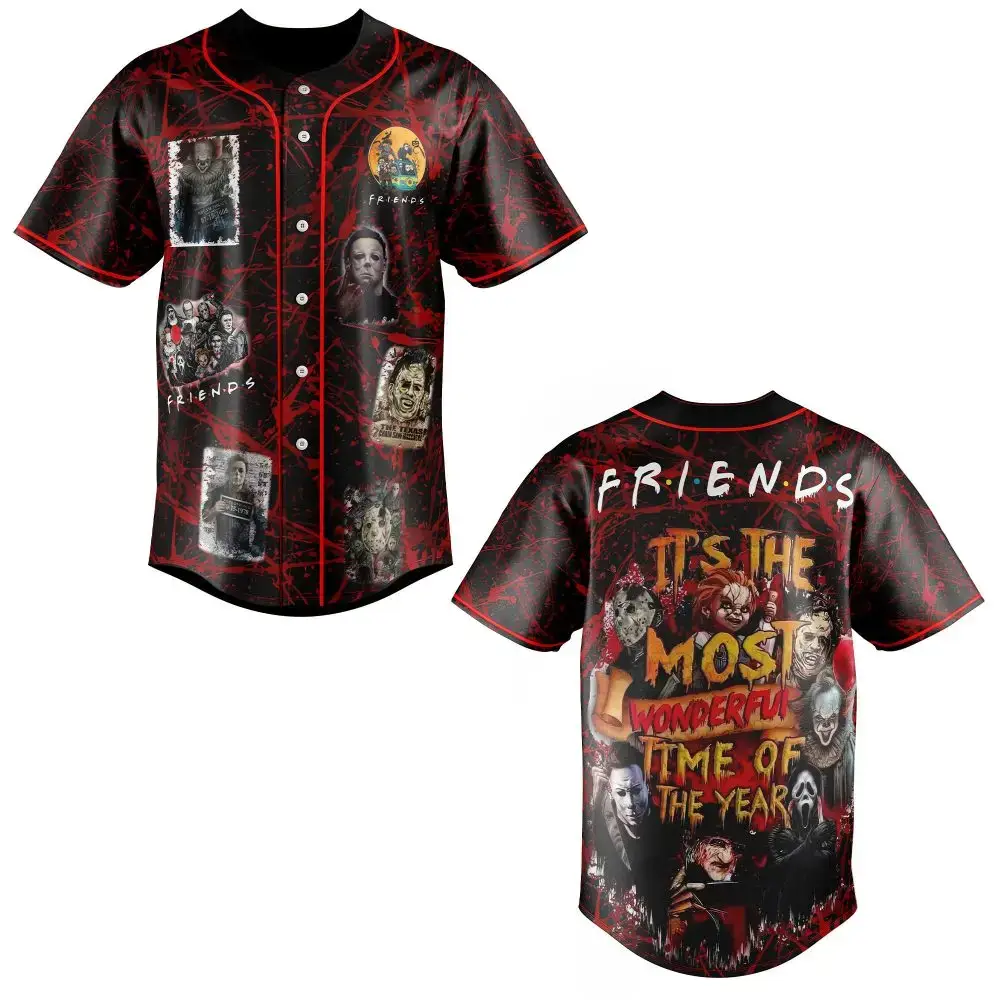 Spooky Friends Horror Baseball Jersey – Unique Halloween Movie Fan Shirt Image