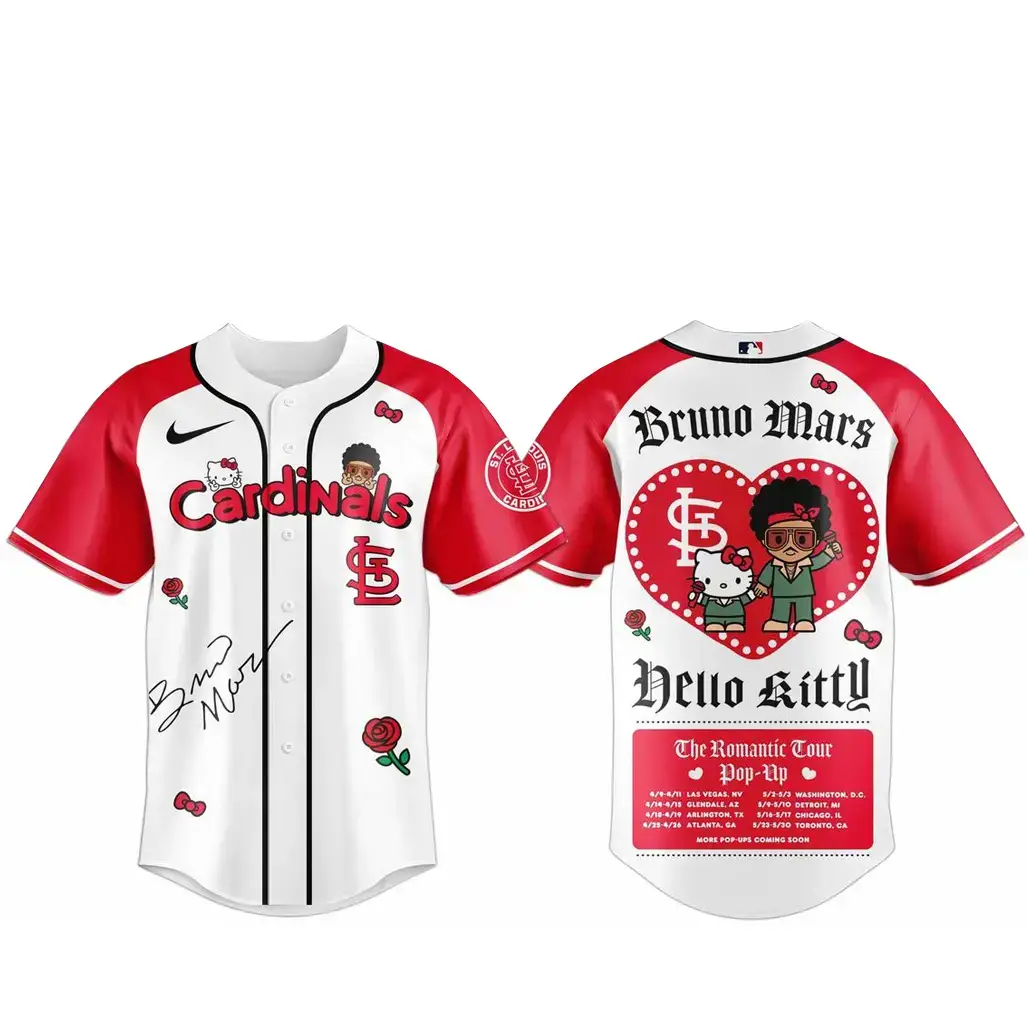 St. Louis Cardinals Bruno Mars x Hello Kitty 2026 The Romantic Tour Baseball Jersey Image