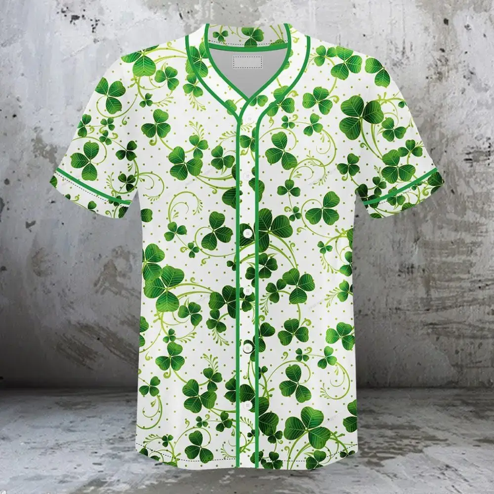 St. Patrick'S Day Clover Print Baseball Jersey – Stylish & Comfortable – Limited Edition! Image