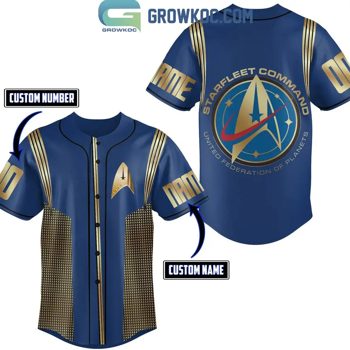 Star Trek United Federation Of Planets Navy Gold Personalized Baseball Jersey Image