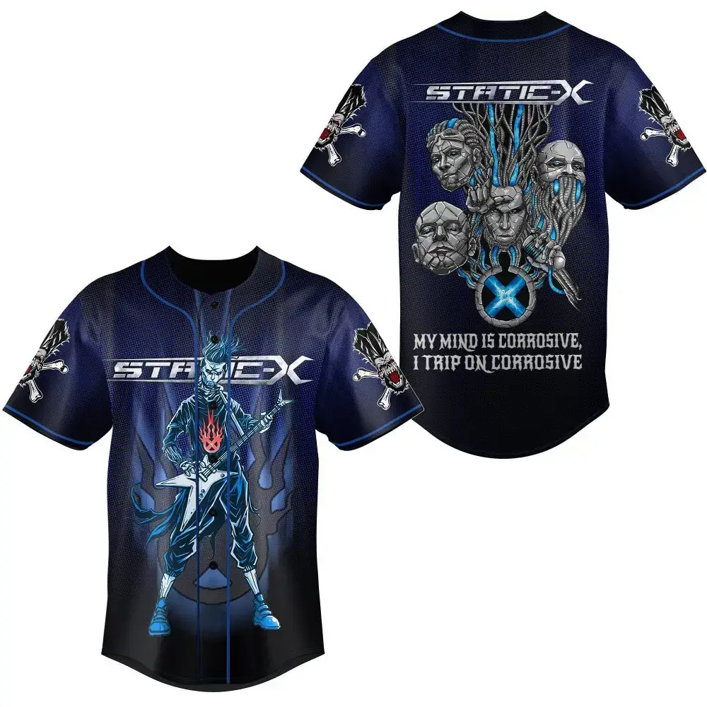 Static-X Graphic Baseball Jersey – Corrosive Mind Design, Men’S Rock Apparel Image