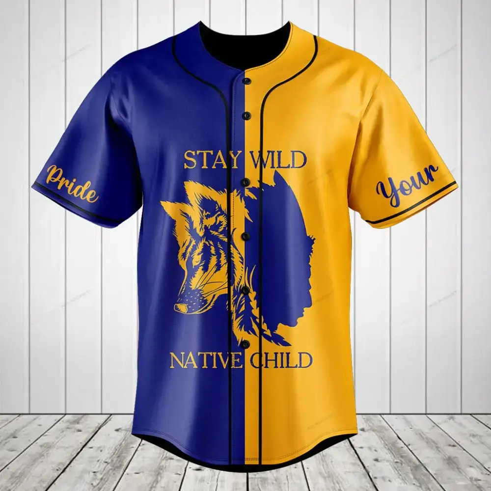 Stay Wild Native Child Baseball Jersey - Bold Blue & Yellow Wolf Design Shirt Image