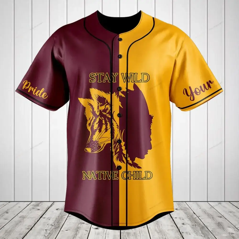 Stay Wild Native Child Baseball Jersey - Bold Maroon & Gold Design - Unisex Fashion Tee Image