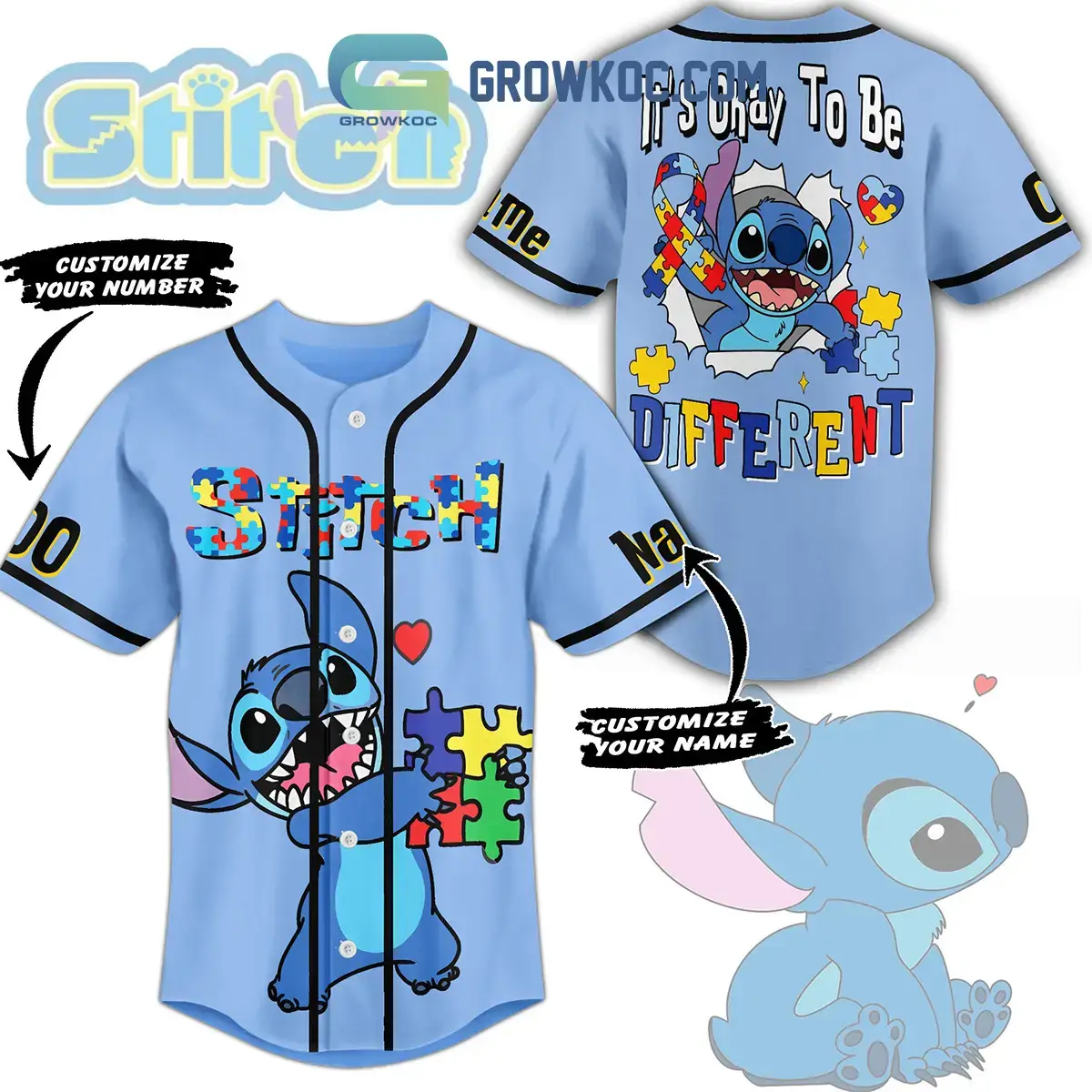 Stitch It's Okay To Be Different Autism Awareness Personalized Baseball Jersey Image