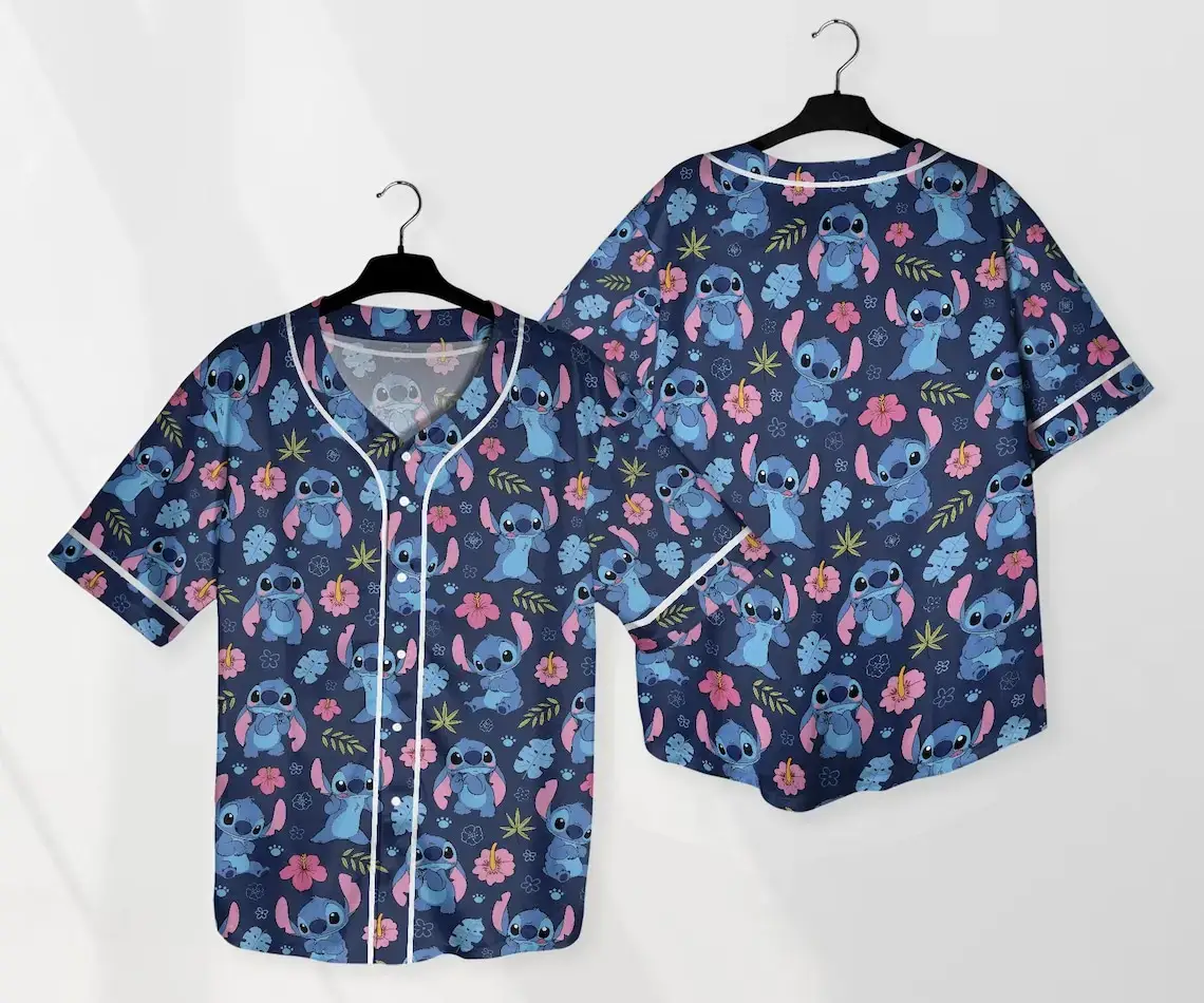 Stitch-Themed Floral Button-Up Baseball Jersey Shirt – Fun Hawaiian Design For Adults Image