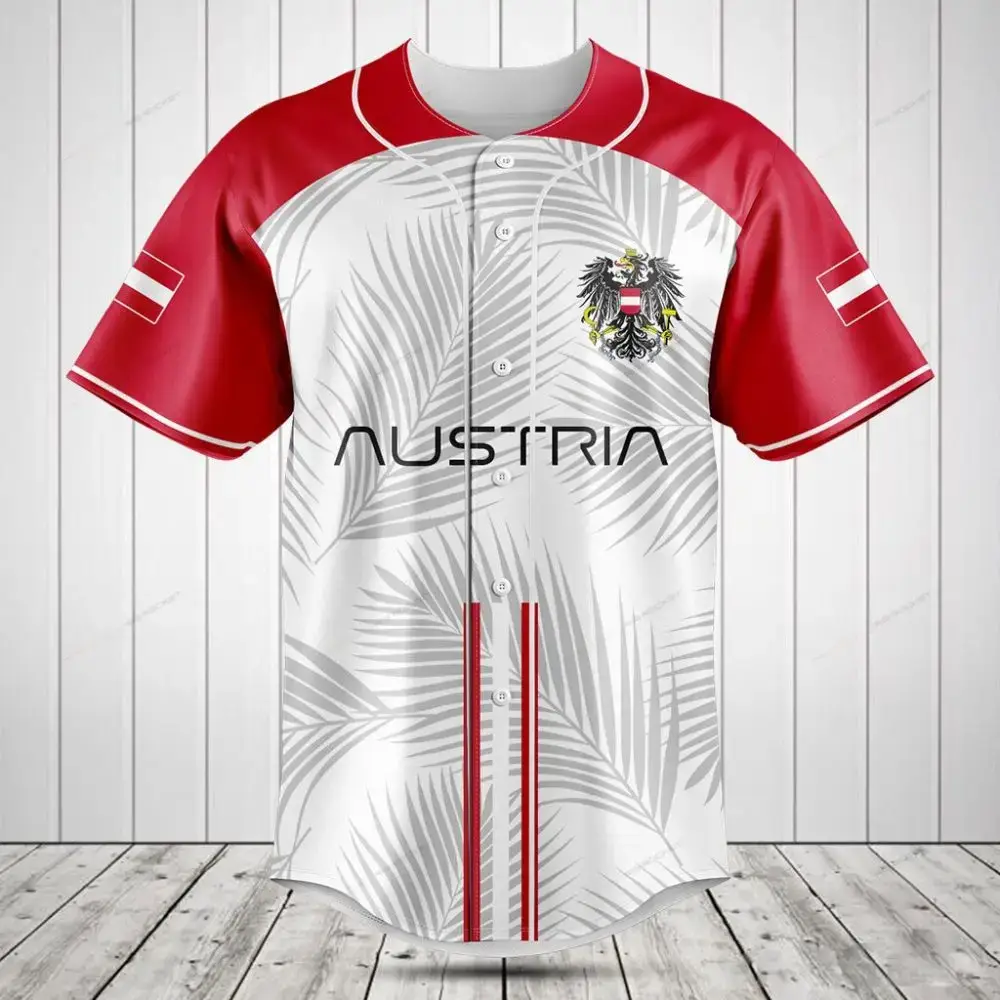 Stylish Austrian Baseball Jersey - Red & White, Palm Leaf Design, Men'S Sportswear Image