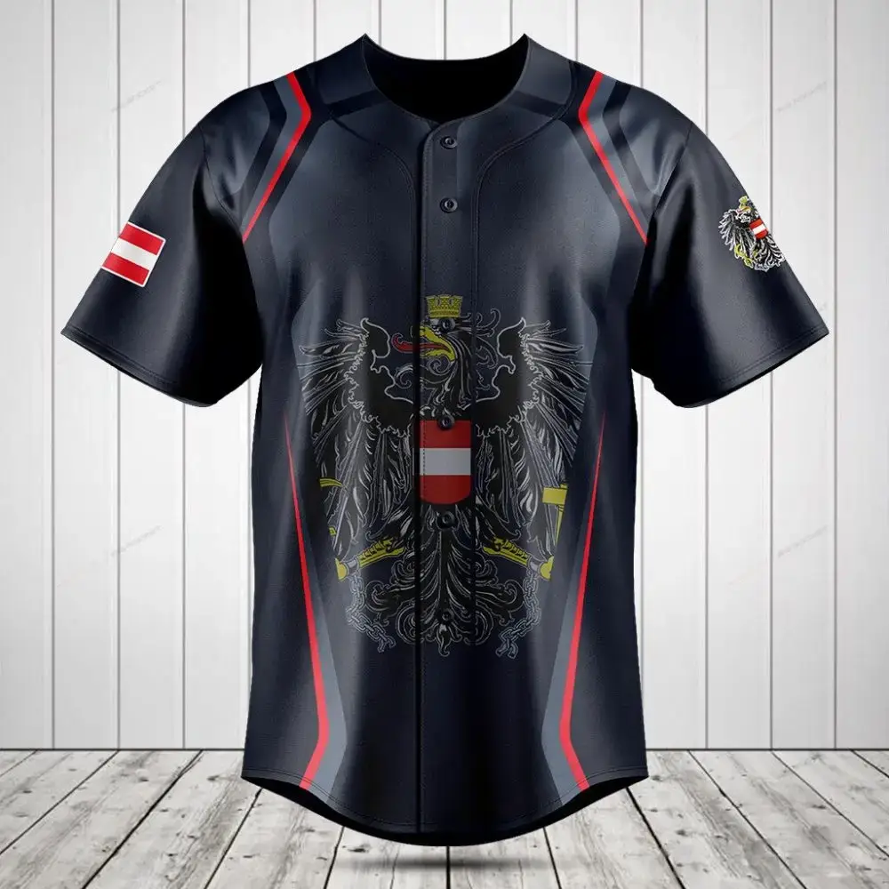 Stylish Austrian Flag Baseball Jersey - Double-Headed Eagle Design, Breathable Fabric, Unisex Sizes Available Image