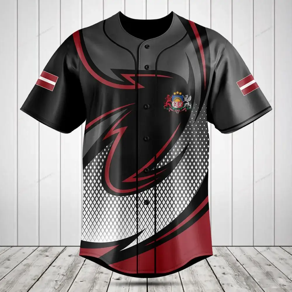 Stylish Black & Red Graphic Baseball Jersey - Custom Team Apparel, Breathable Fabric, Trendy Design Image